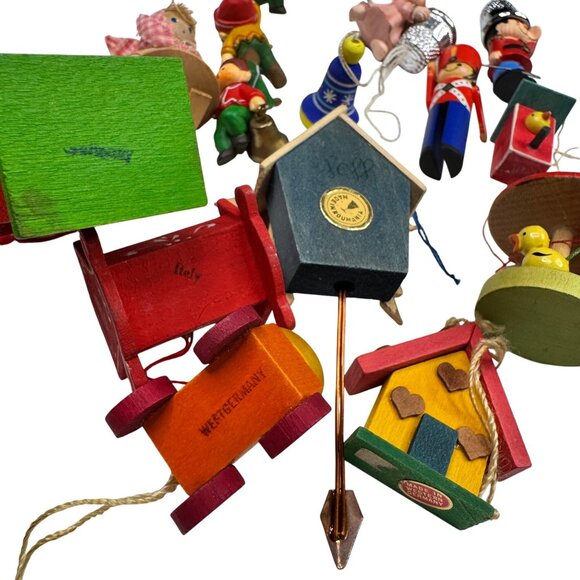 Germany Italy Christmas Ornaments Lot Wooden Handmade Figures Houses Soldier Elf - Picture 9 of 13